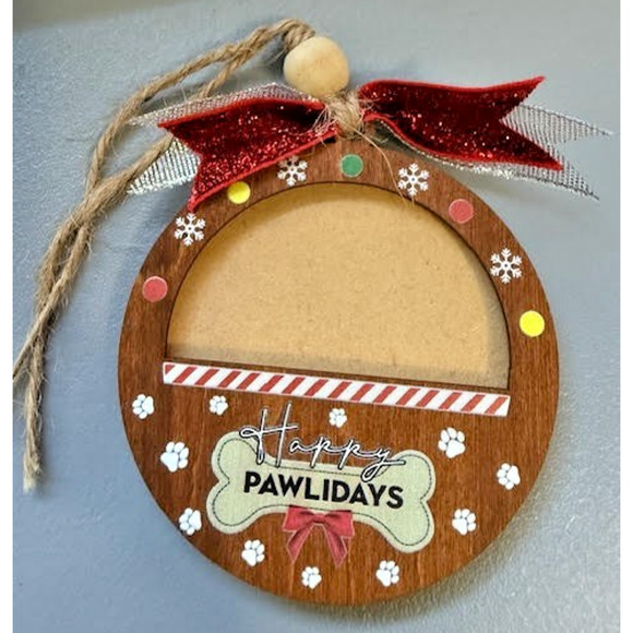 Happy Pawlidays Dog Ornament • Wood Frame • Red Bow & Paw Print Design • New - Picture 1 of 5
